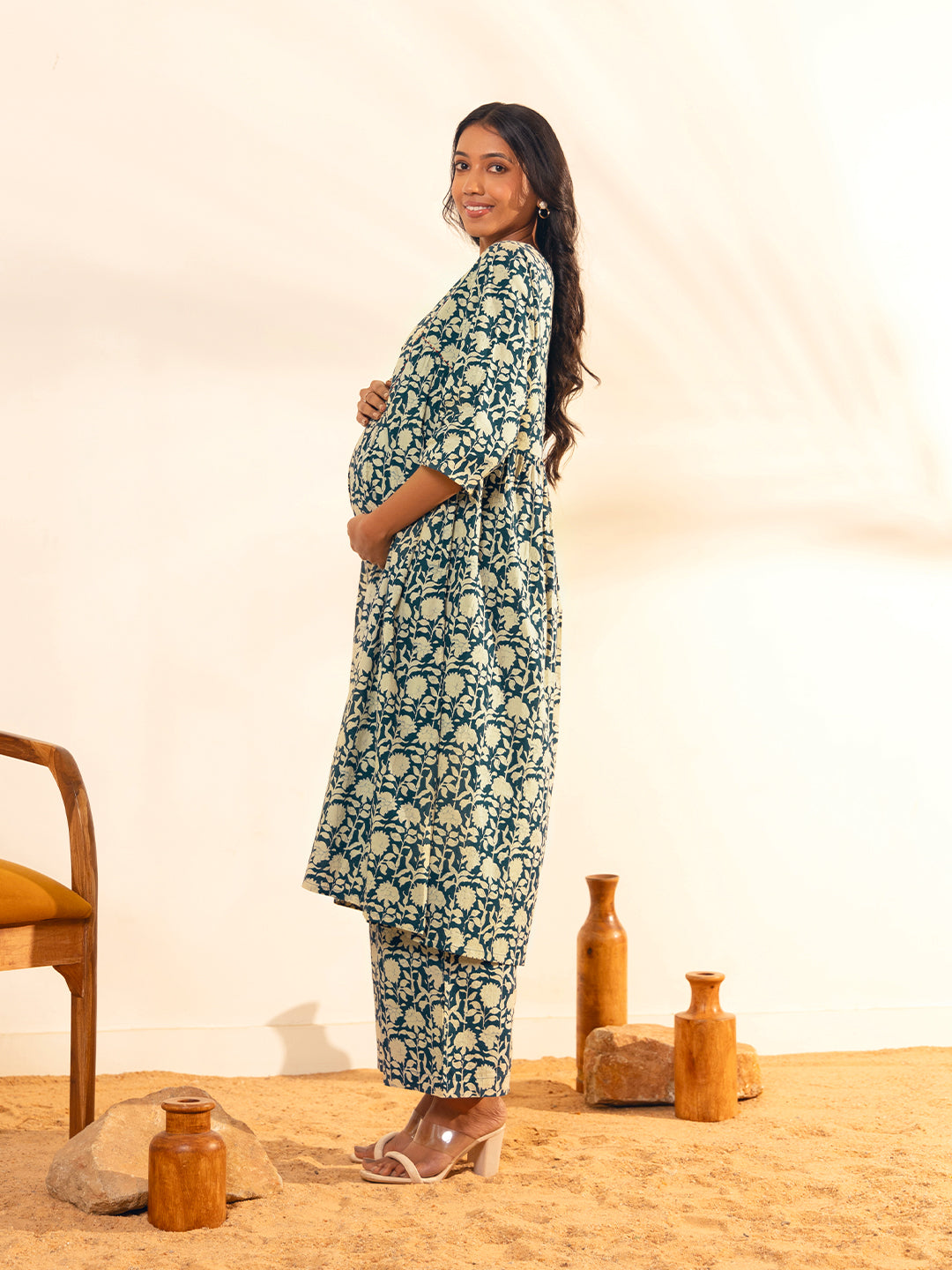 Janasya Teal Blue Cotton Floral Printed Casual Maternity Set - Distacart