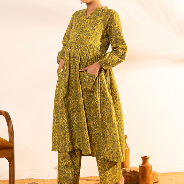 Janasya Olive Cotton Printed Gathered Kurta Set