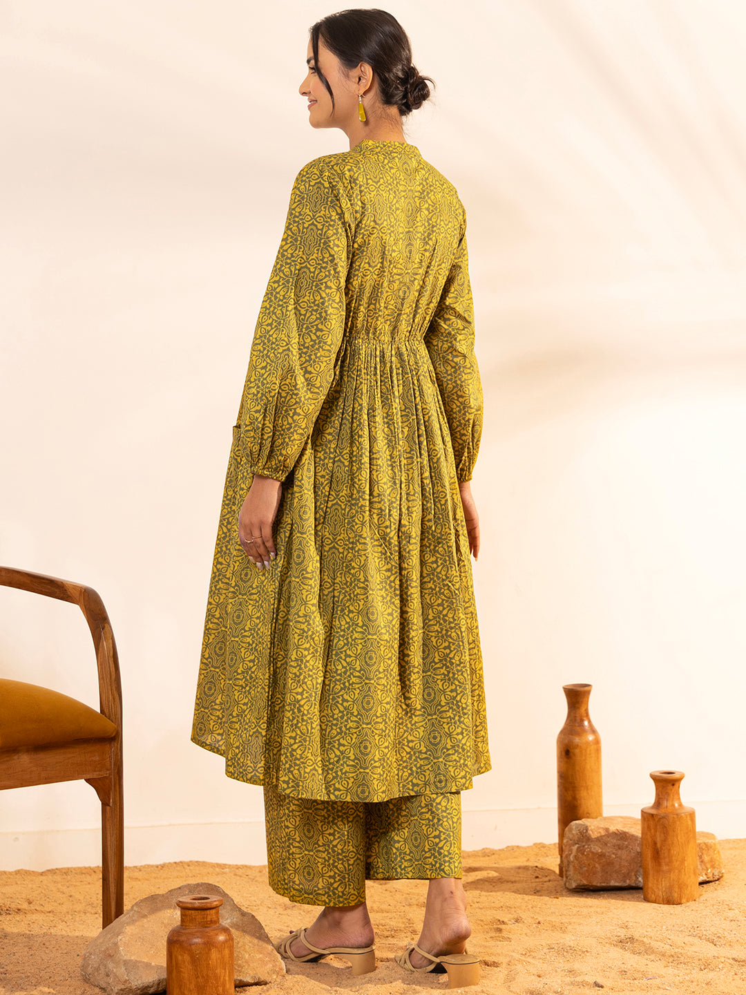 Janasya Olive Cotton Printed Gathered Kurta Set - Distacart