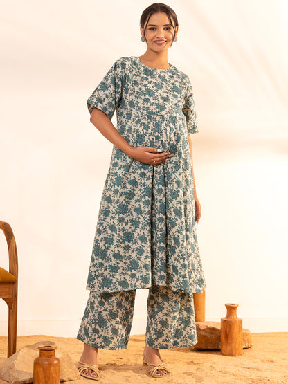 Janasya Beige Cotton Floral Printed Casual Maternity Set - Distacart