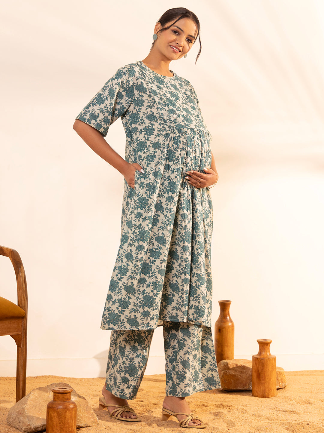Janasya Beige Cotton Floral Printed Casual Maternity Set - Distacart