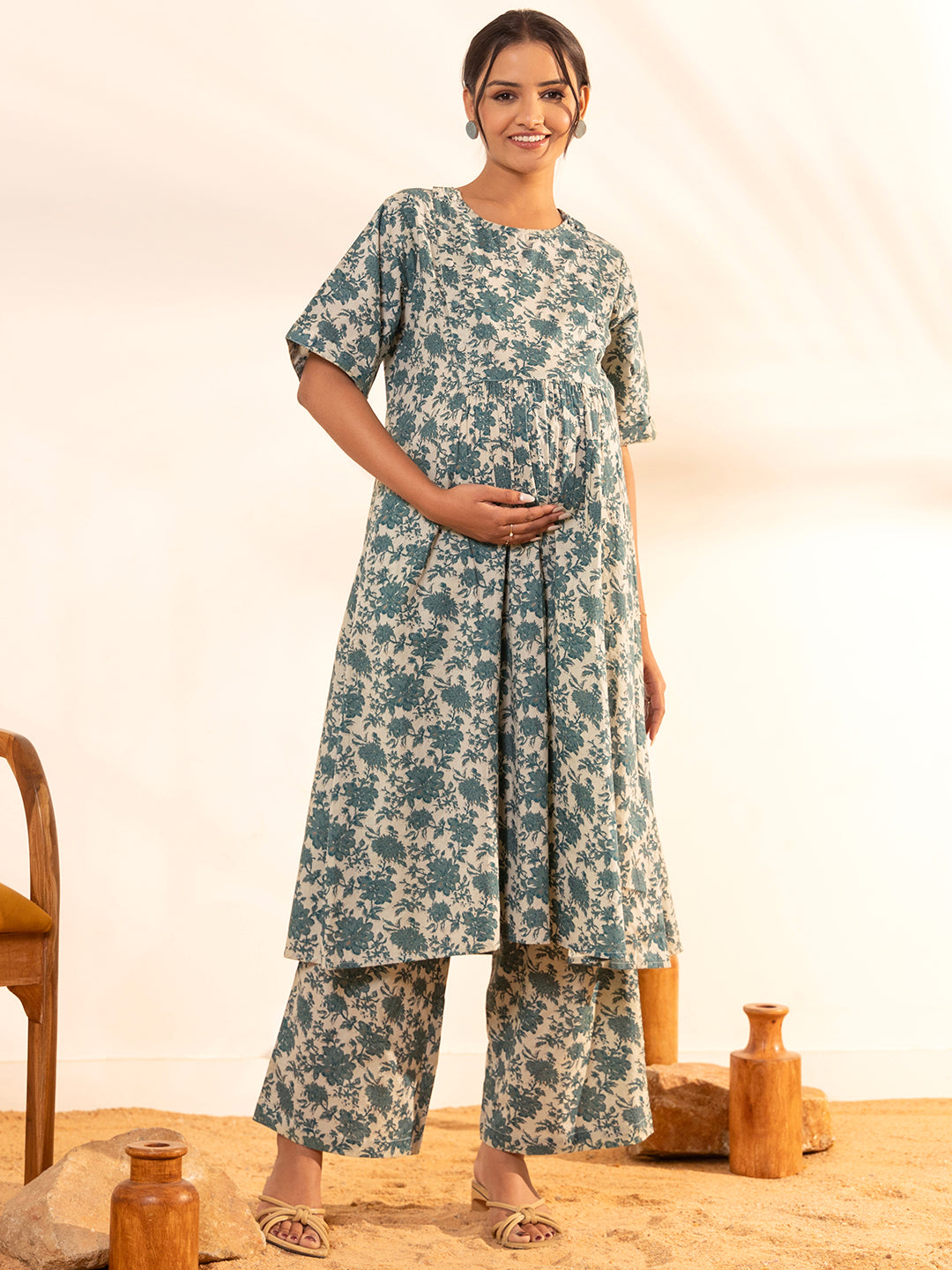 Janasya Beige Cotton Floral Printed Casual Maternity Set - Distacart