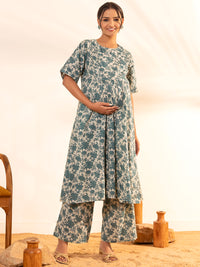 Thumbnail for Janasya Beige Cotton Floral Printed Casual Maternity Set - Distacart