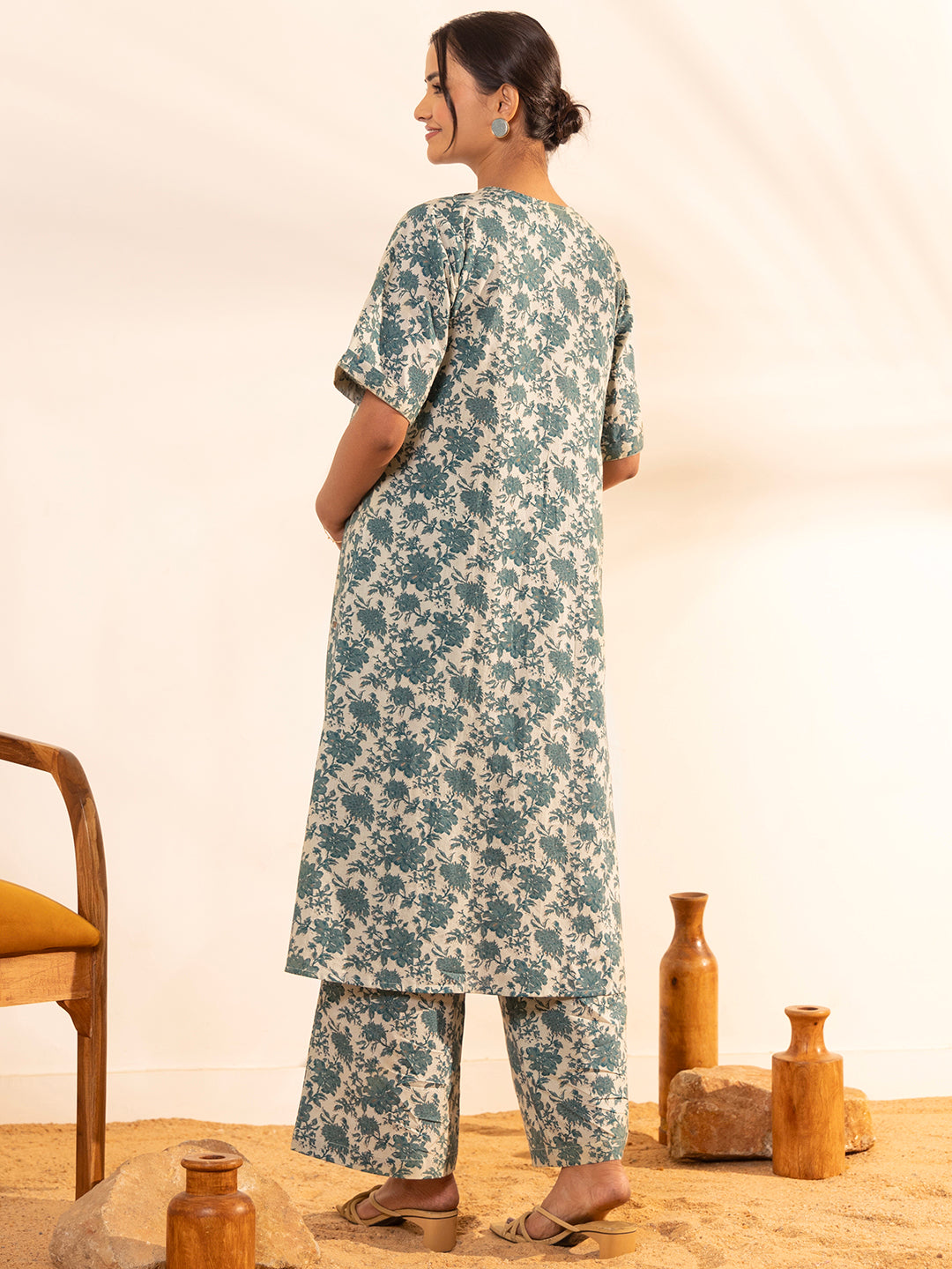 Janasya Beige Cotton Floral Printed Casual Maternity Set - Distacart