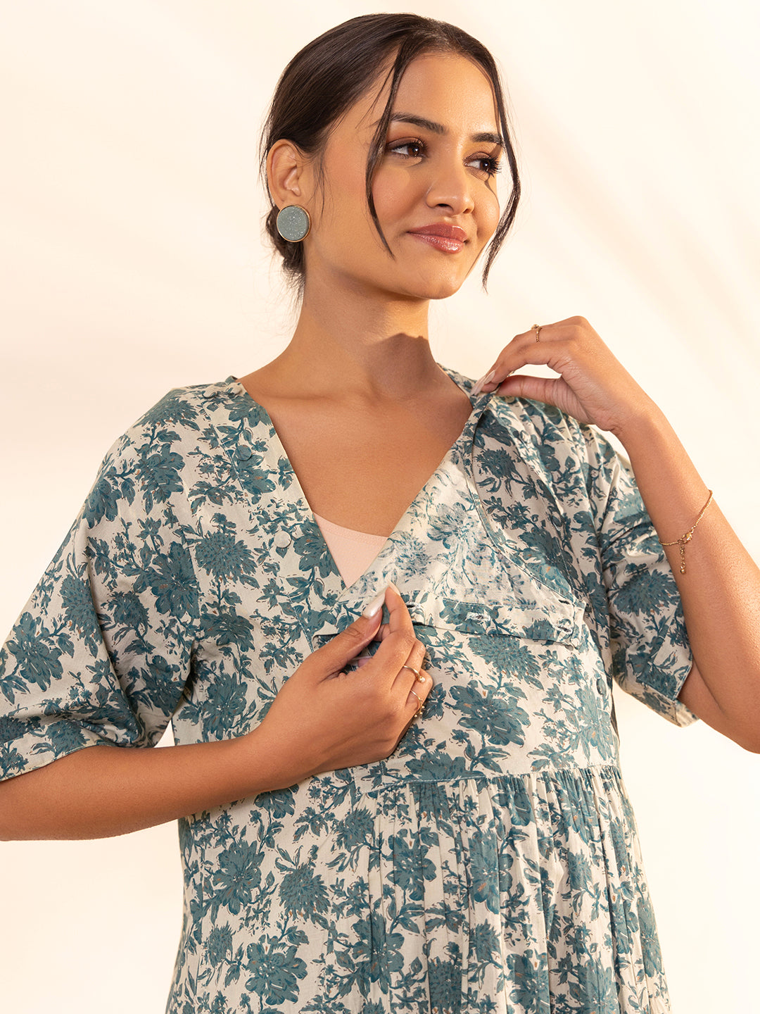 Janasya Beige Cotton Floral Printed Casual Maternity Set - Distacart