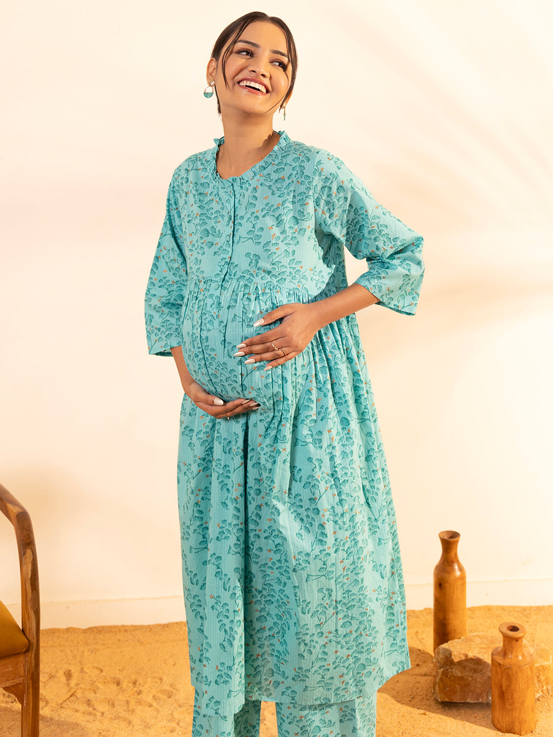Janasya Sea Green Cotton Floral Printed Casual Maternity Set - Distacart