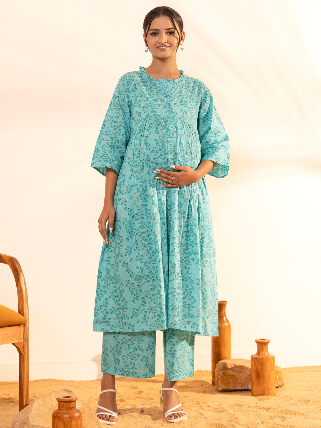 Janasya Sea Green Cotton Floral Printed Casual Maternity Set - Distacart