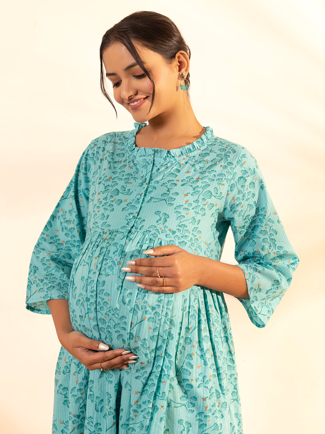 Janasya Sea Green Cotton Floral Printed Casual Maternity Set - Distacart