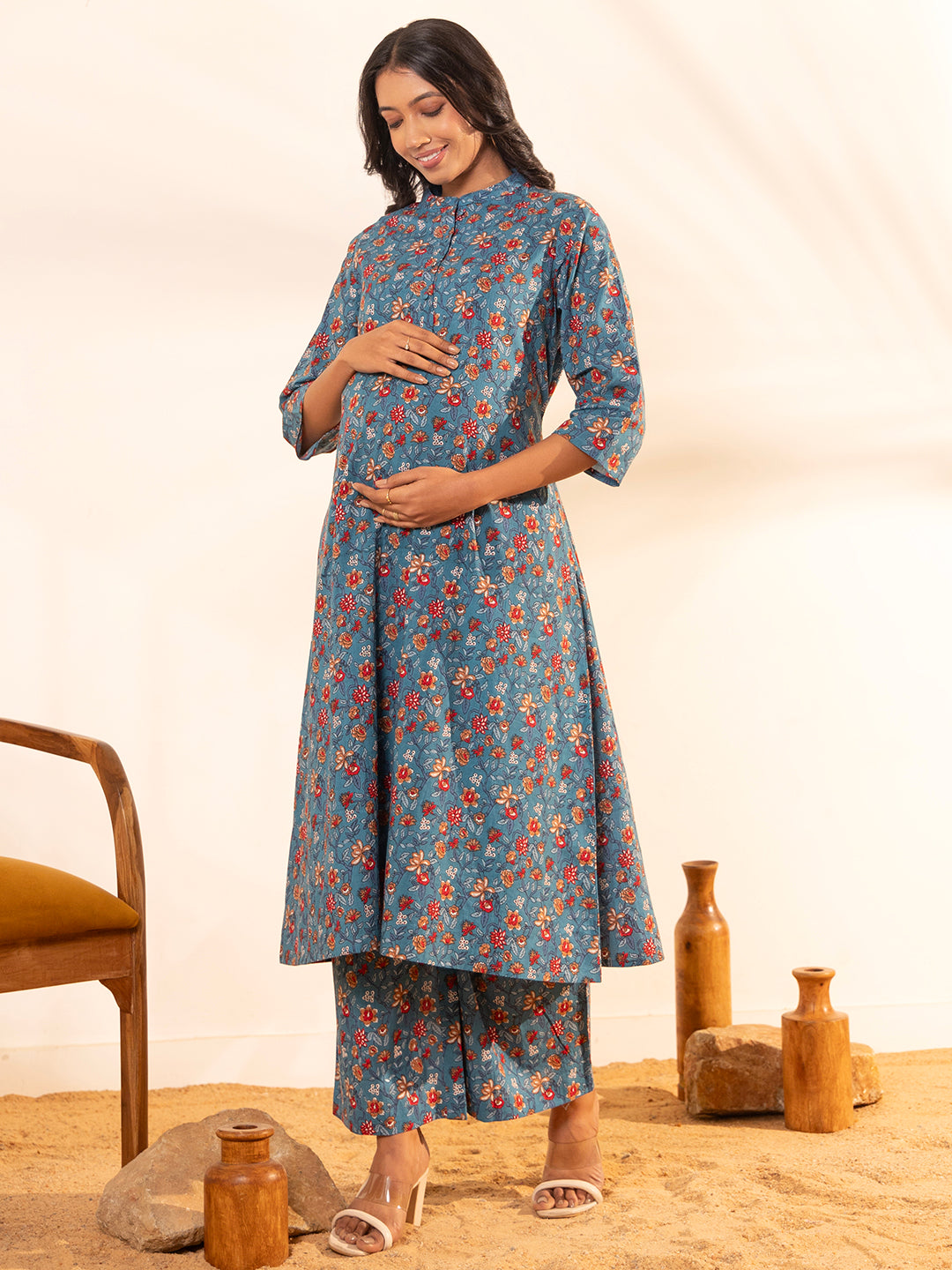 Janasya Blue Cotton Floral A-Line Kurta Set