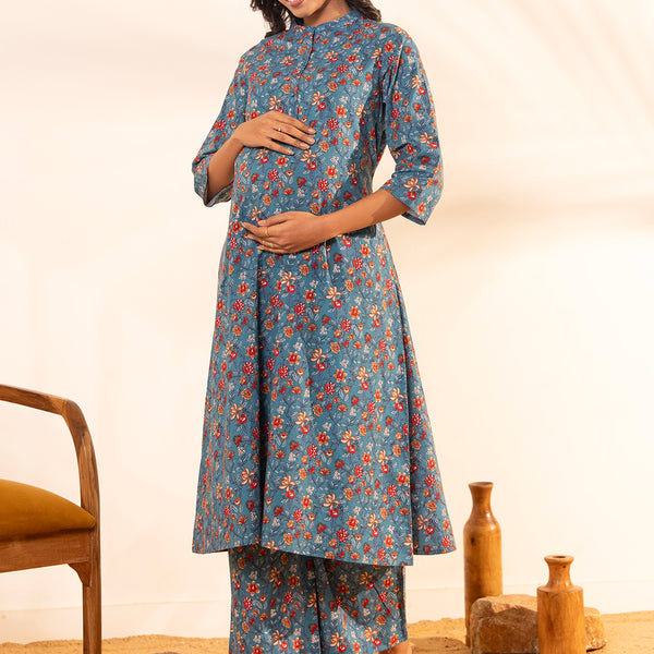 Janasya Blue Cotton Floral A-Line Kurta Set - Distacart