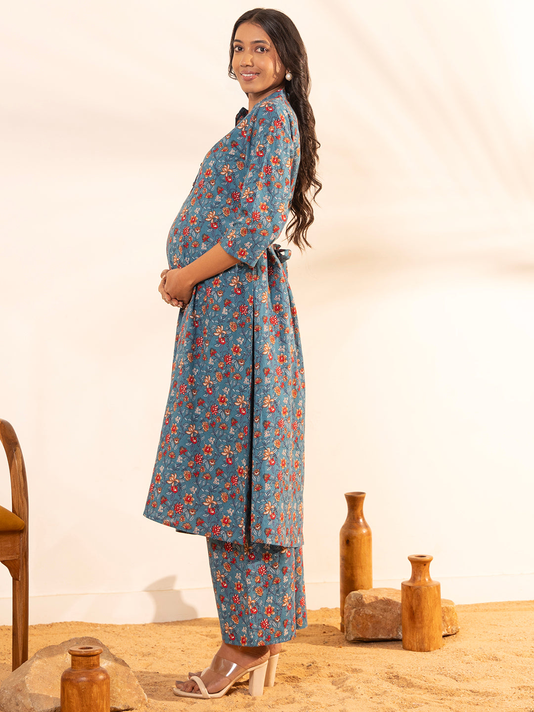 Janasya Blue Cotton Floral A-Line Kurta Set