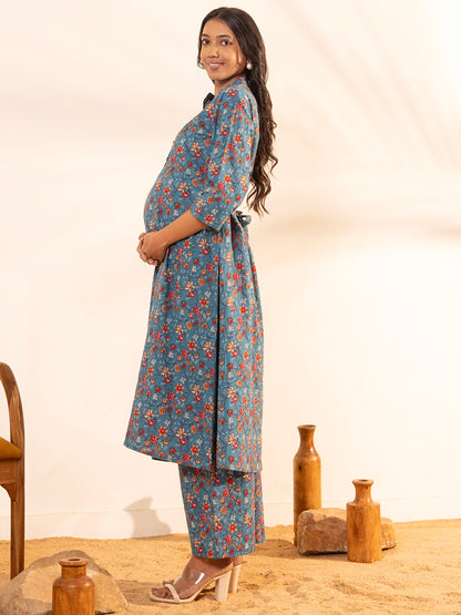 Janasya Blue Cotton Floral A-Line Kurta Set - Distacart
