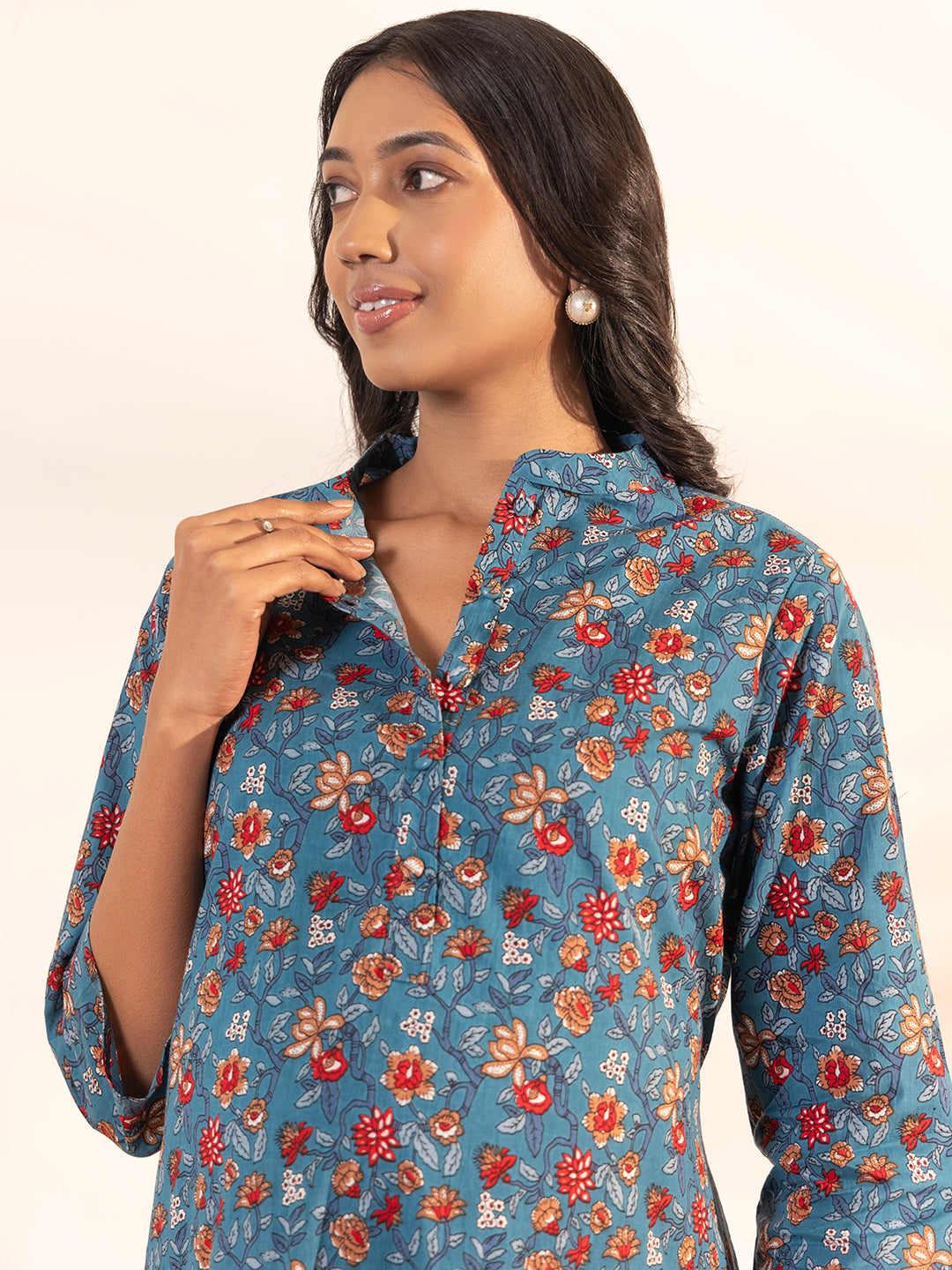 Janasya Blue Cotton Floral A-Line Kurta Set - Distacart