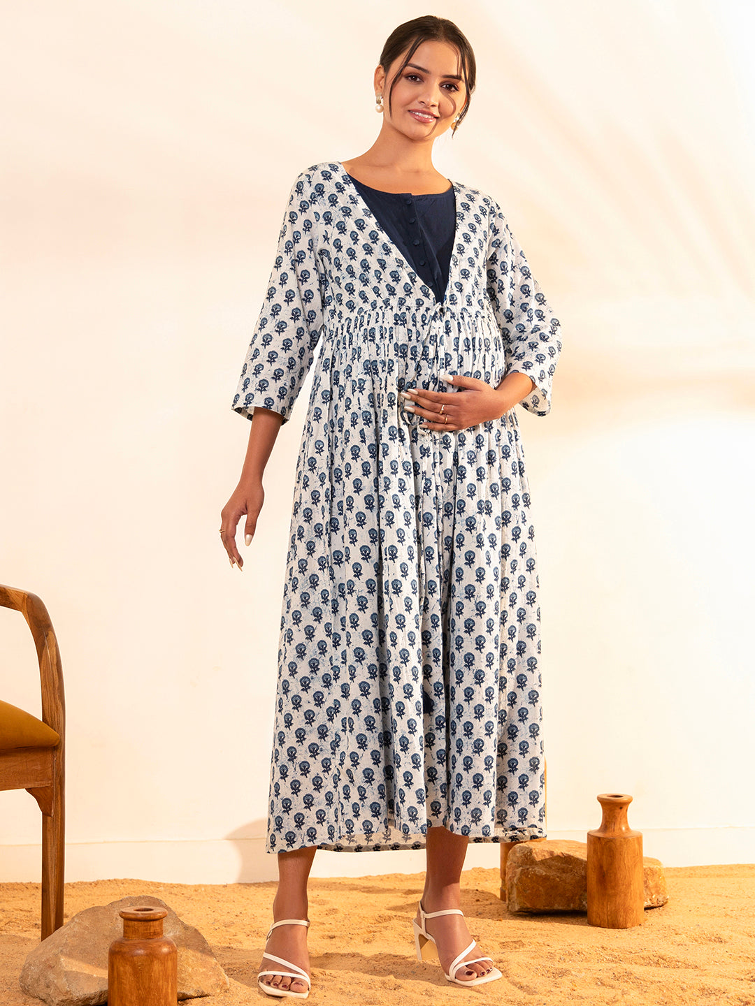 Janasya White Cotton Floral A-Line Dress