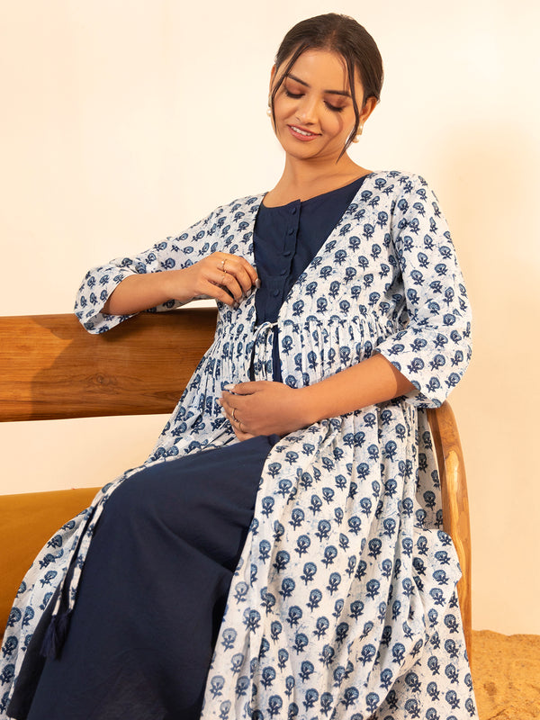 Janasya White Cotton Floral A-Line Dress