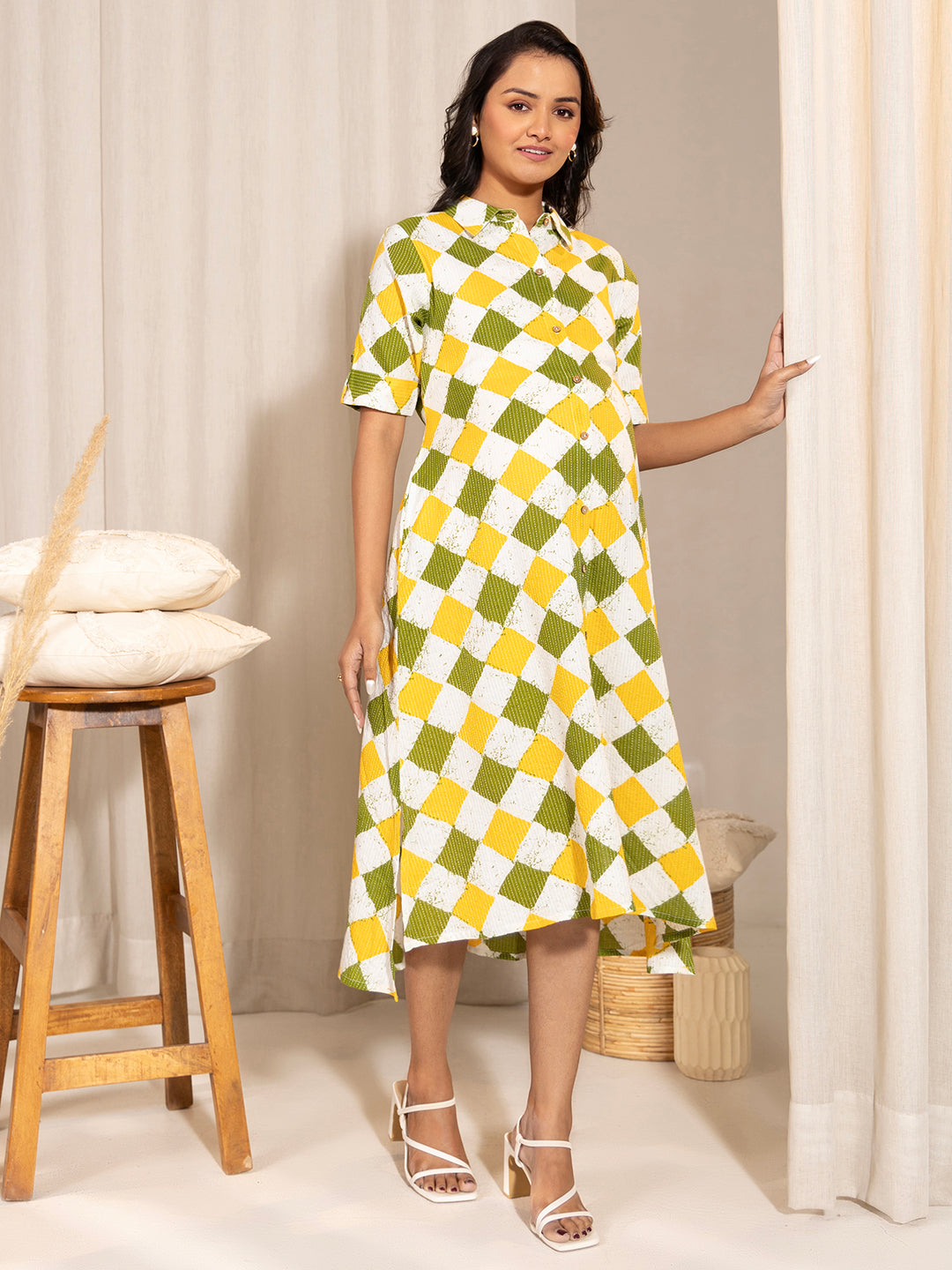 Janasya Multicolour Cotton Geometric A-Line Dress