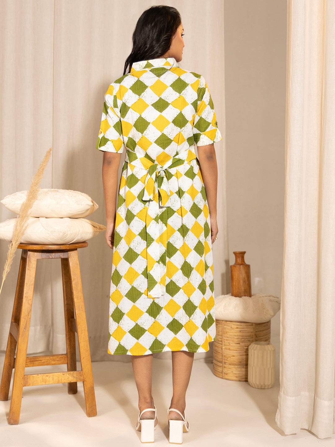 Janasya Multicolour Cotton Geometric A-Line Dress