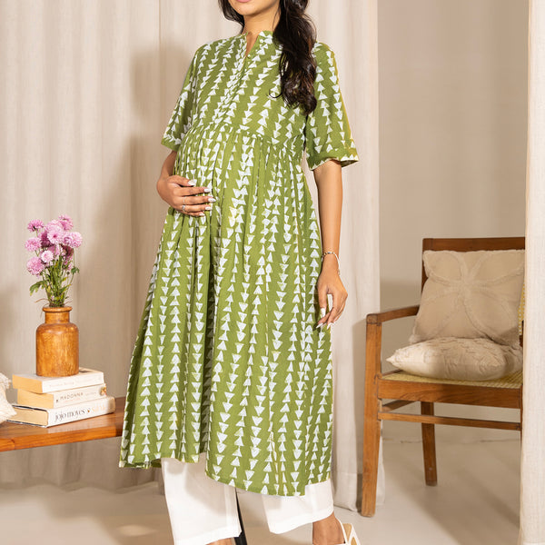 Janasya Green Cotton Block Printed Casual Maternity Kurta - Distacart