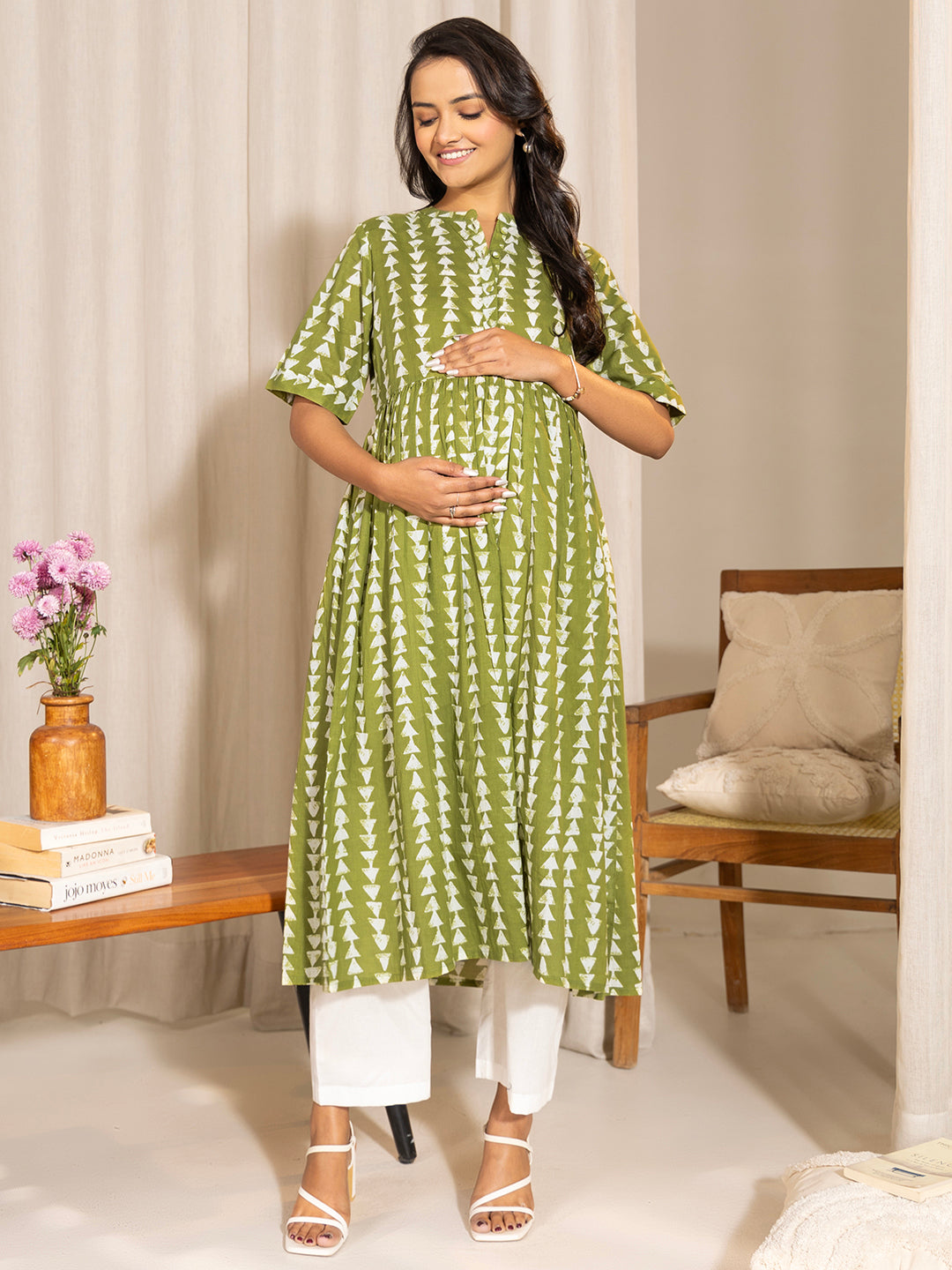 Janasya Green Cotton Block Printed Casual Maternity Kurta - Distacart