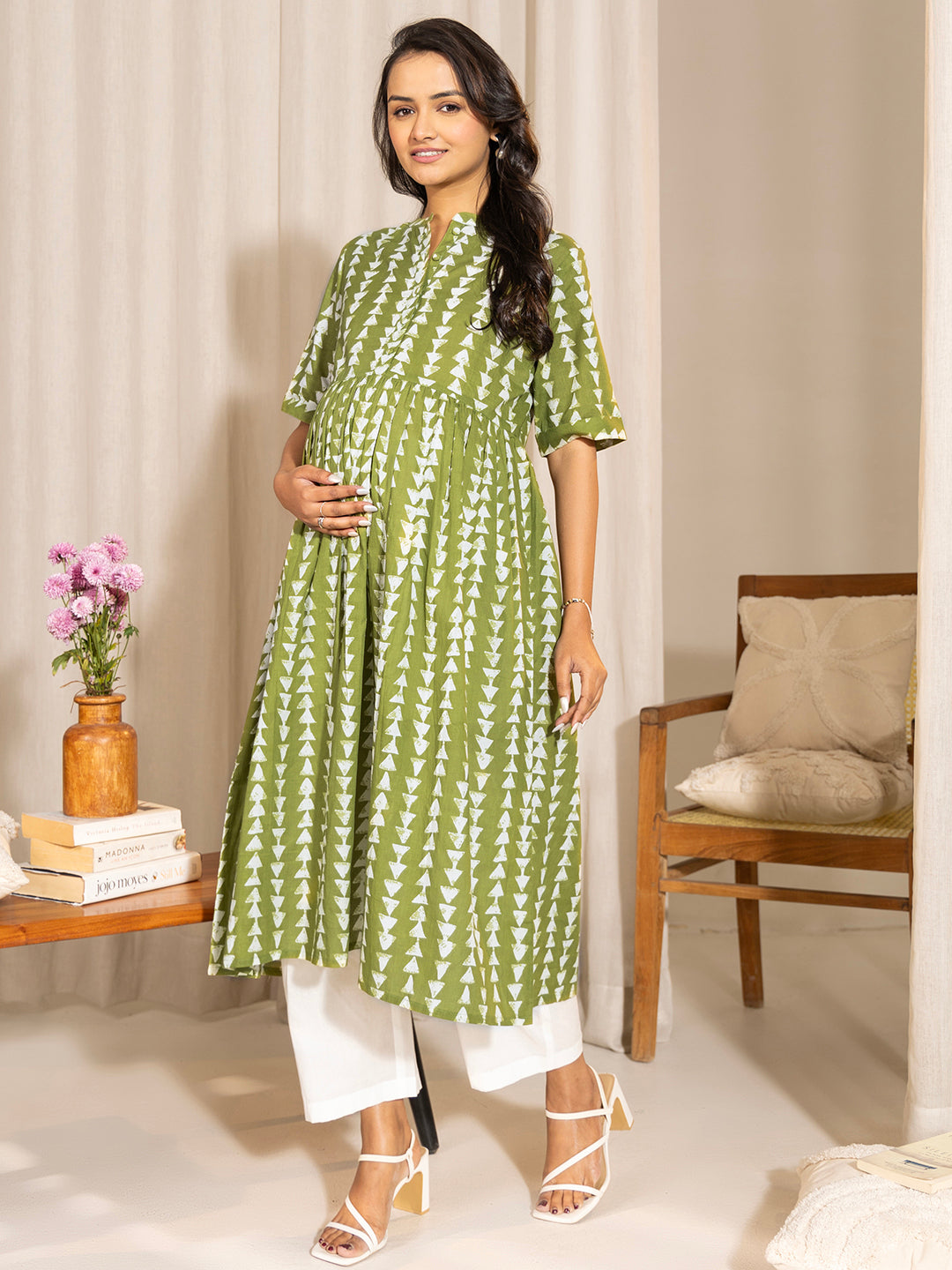 Janasya Green Cotton Block Printed Casual Maternity Kurta - Distacart