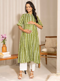 Thumbnail for Janasya Green Cotton Block Printed Casual Maternity Kurta - Distacart