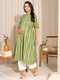 Thumbnail for Janasya Green Cotton Block Printed Casual Maternity Kurta - Distacart