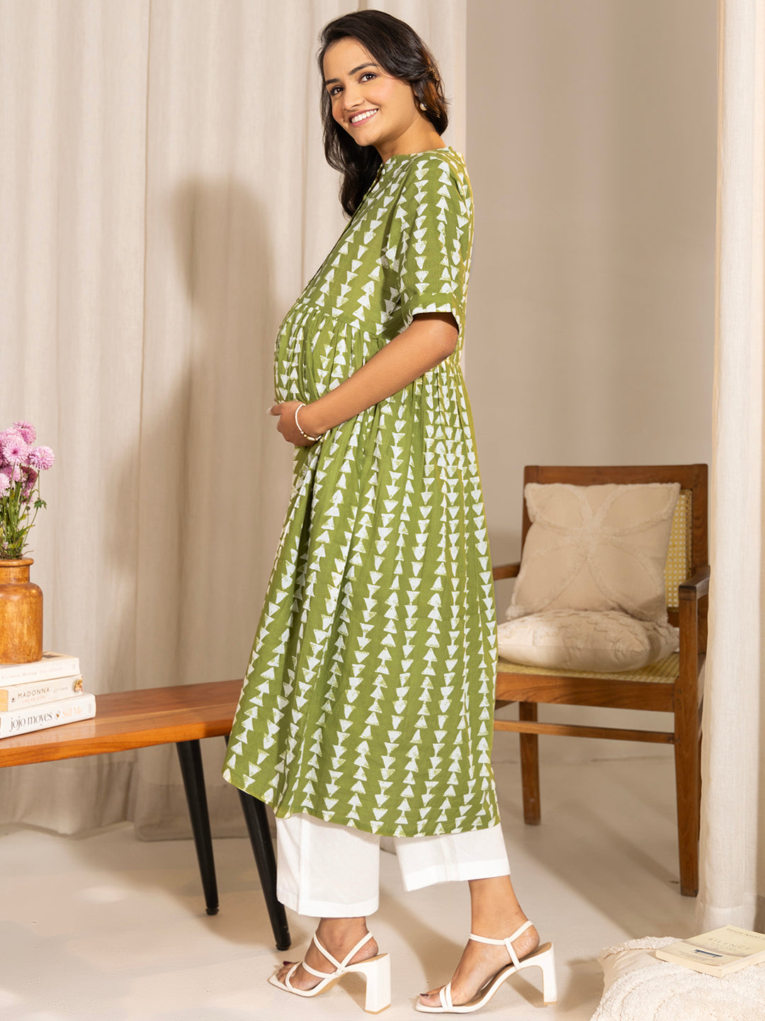 Janasya Green Cotton Block Printed Casual Maternity Kurta - Distacart