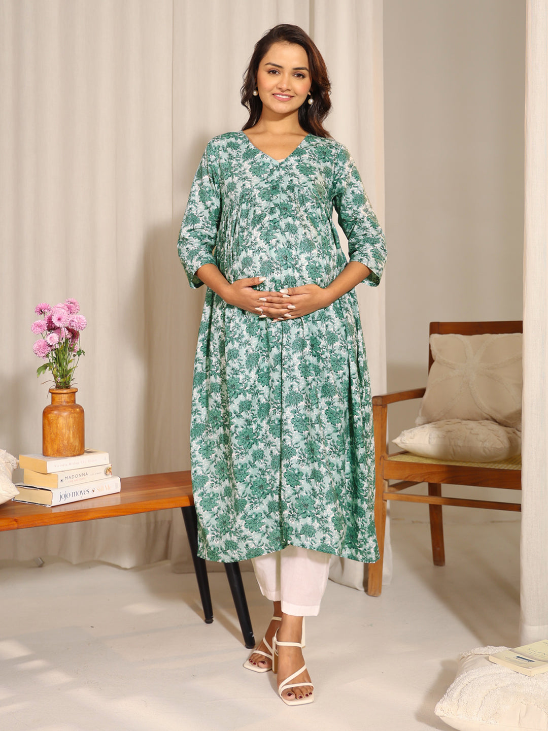 Janasya Sage Green Cotton Floral Printed Casual Maternity Kurta - Distacart