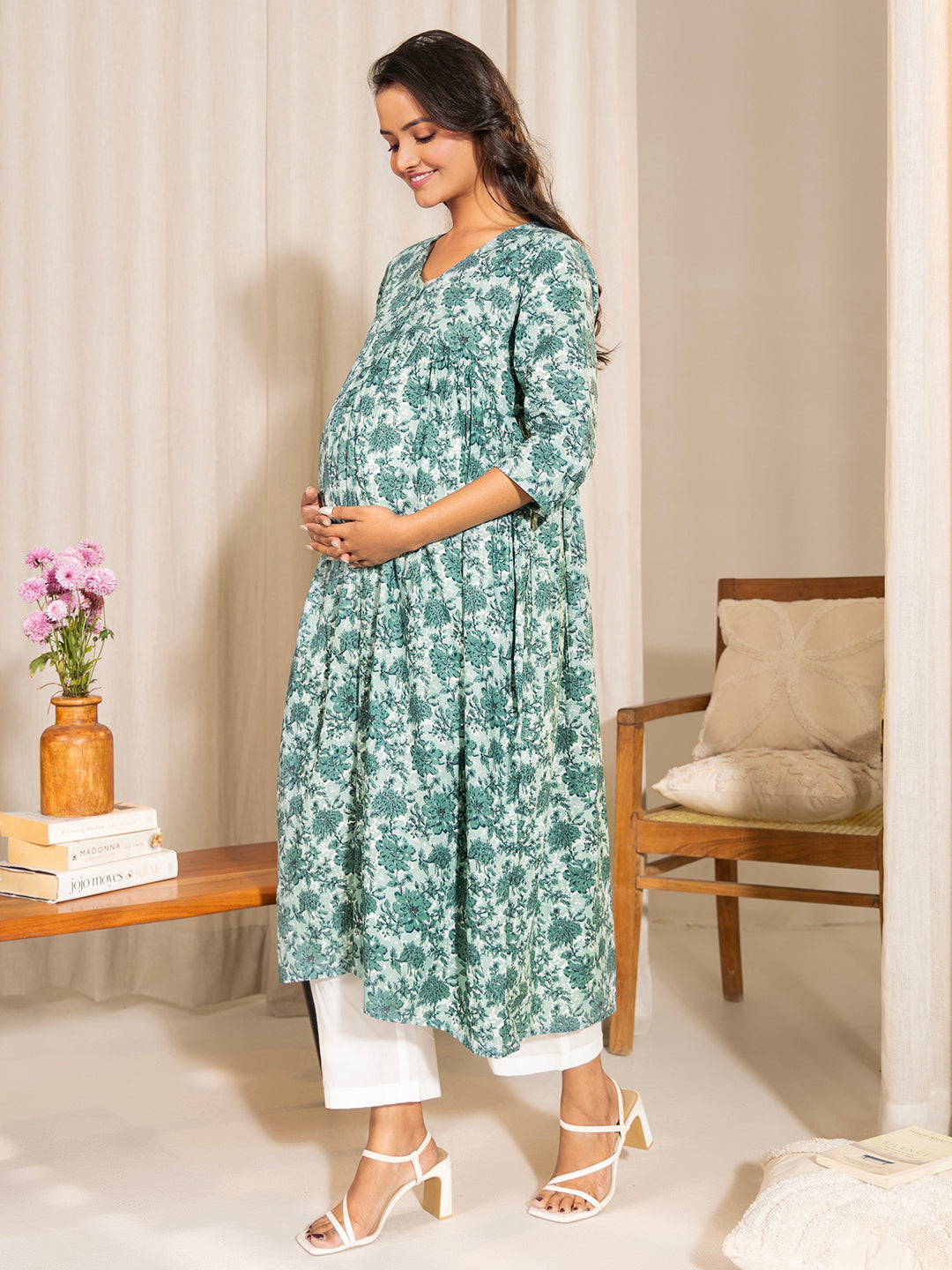 Janasya Sage Green Cotton Floral Printed Casual Maternity Kurta - Distacart