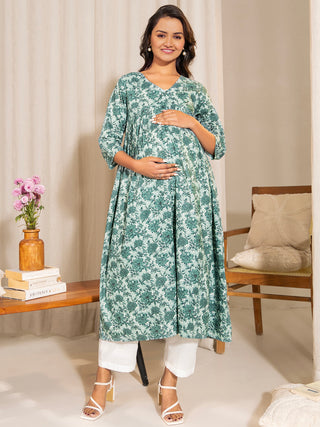 Janasya Sage Green Cotton Floral Printed Casual Maternity Kurta - Distacart