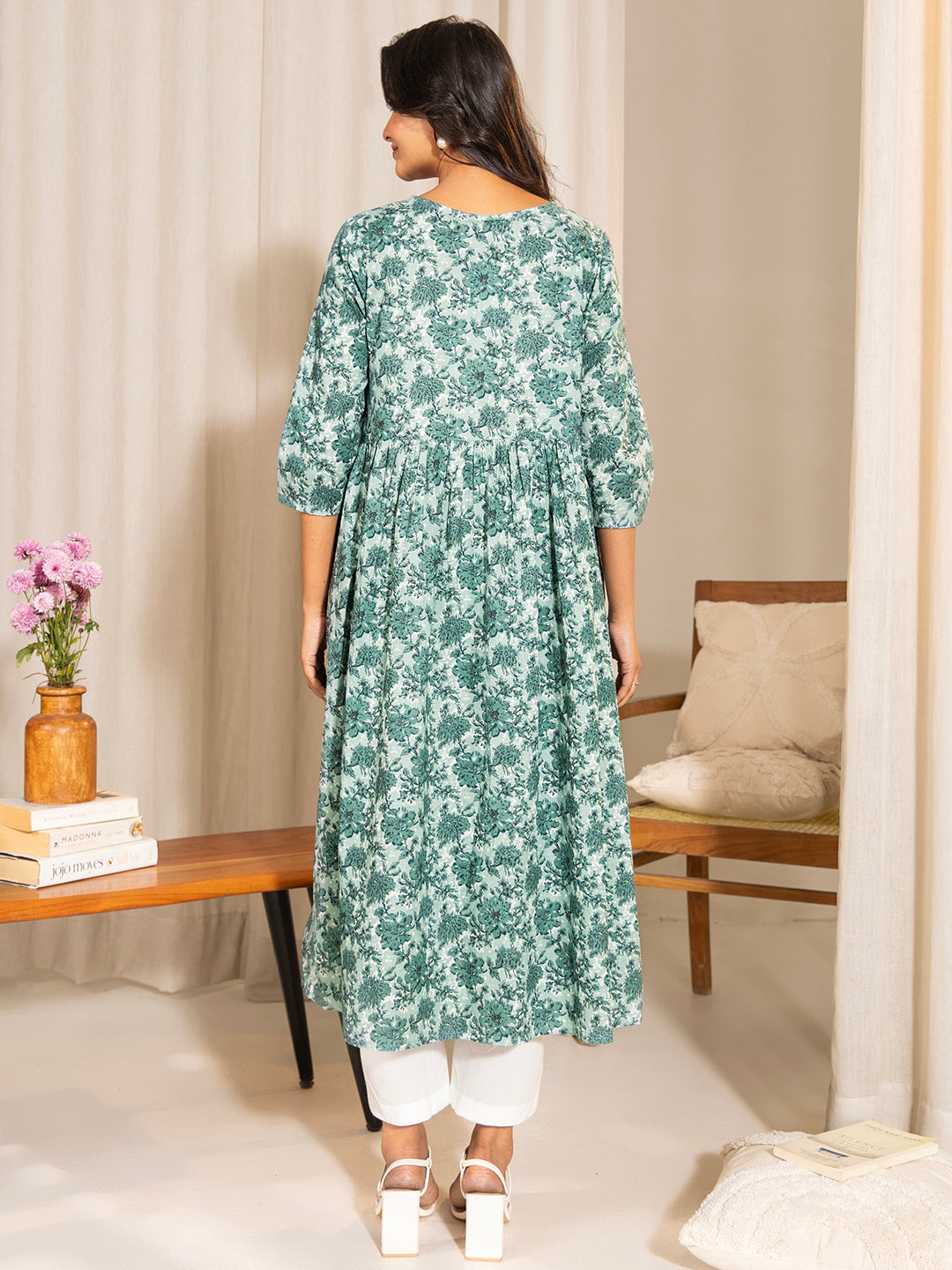 Janasya Sage Green Cotton Floral Printed Casual Maternity Kurta - Distacart