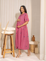 Thumbnail for Janasya Pink Cotton Geometric Gathered Dress