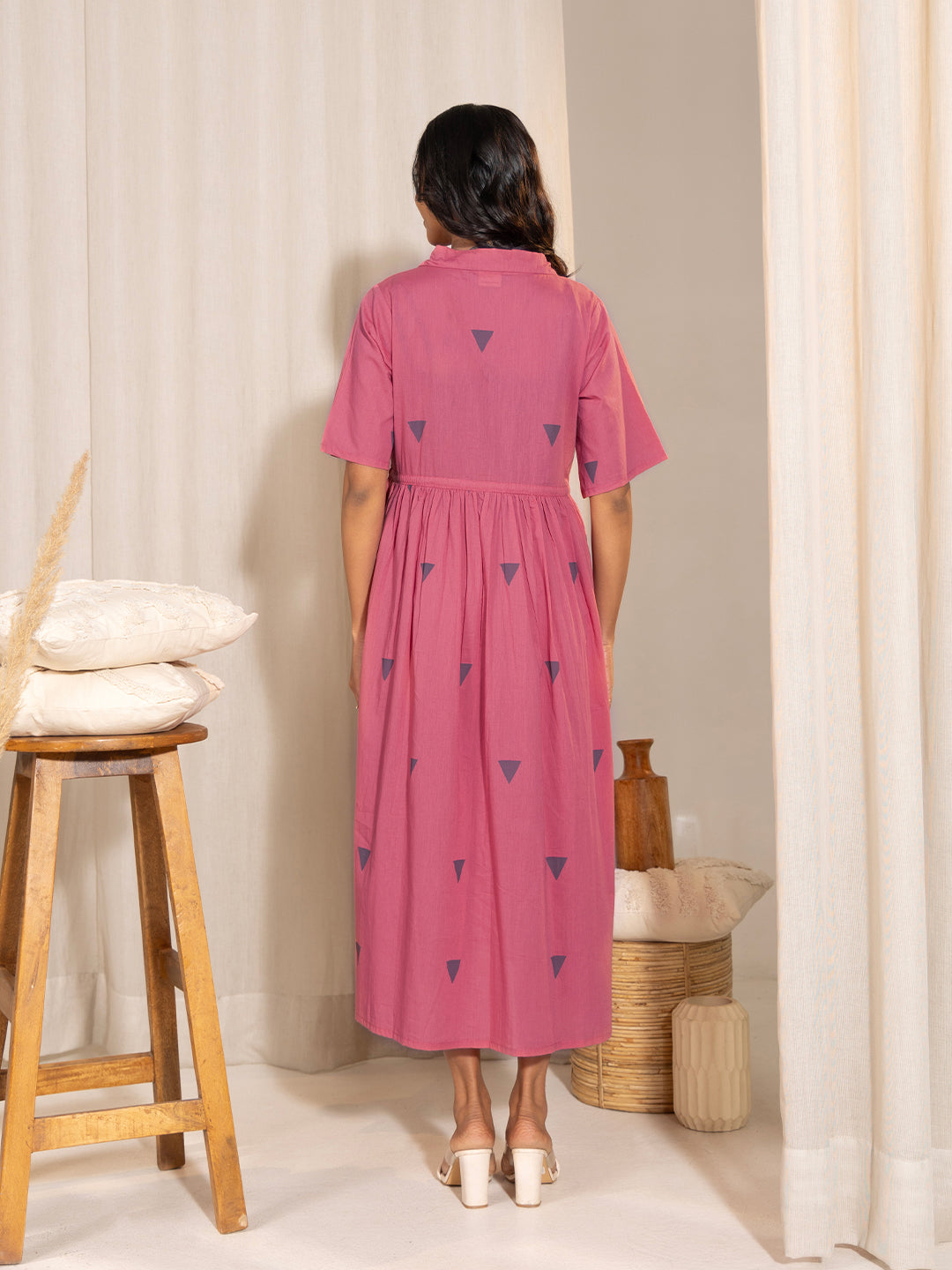 Janasya Pink Cotton Geometric Gathered Dress