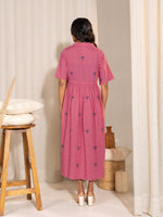 Thumbnail for Janasya Pink Cotton Geometric Gathered Dress