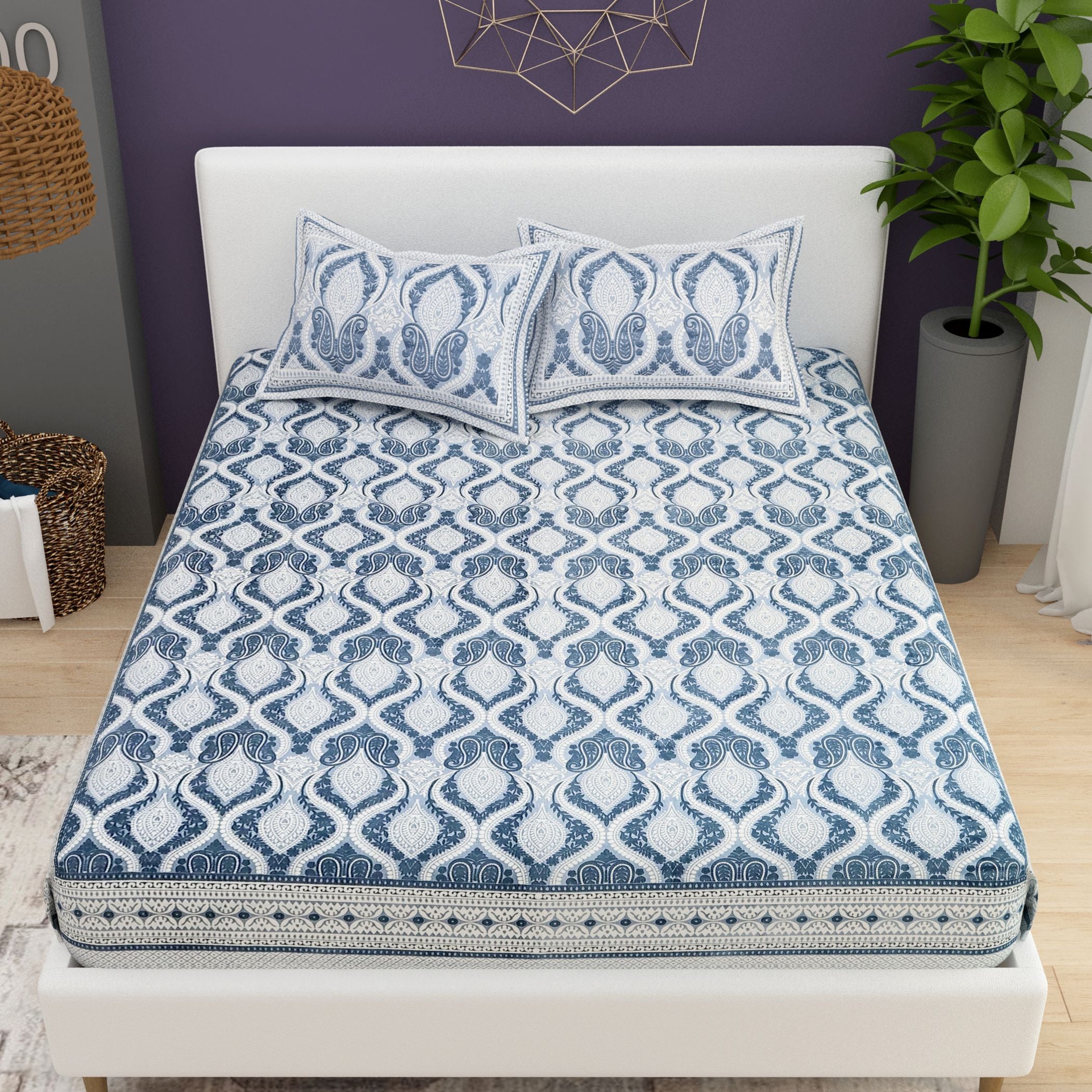 Orange Ethnic Motifs Cotton 200TC King Bedsheet With 2 Zipper Pillow Covers - King Size by House of Ree - Distacart