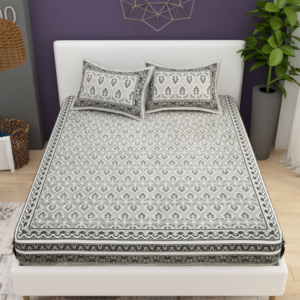 Blue Ethnic Motifs Cotton 200TC King Bedsheet With 2 Zipper Pillow Covers - King Size by House of Ree - Distacart