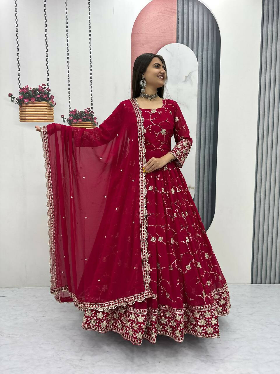 Teeya Creation Womens New Heavy Fox Georgette Fabric With Heavy Embroidery Wrok Kurta Set - Dista