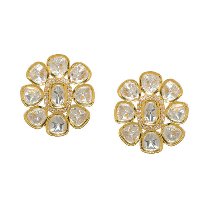 Oversized Round Kundan Studs (Gold) - Ruby Raang - Distacart