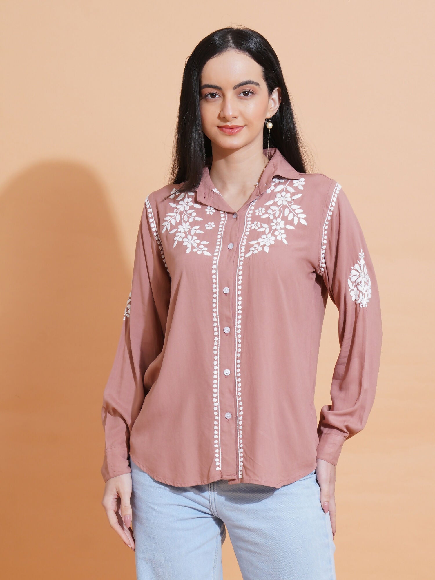 Pahnaz Modal Chikankari Handwork Shirt-Brown - Dista