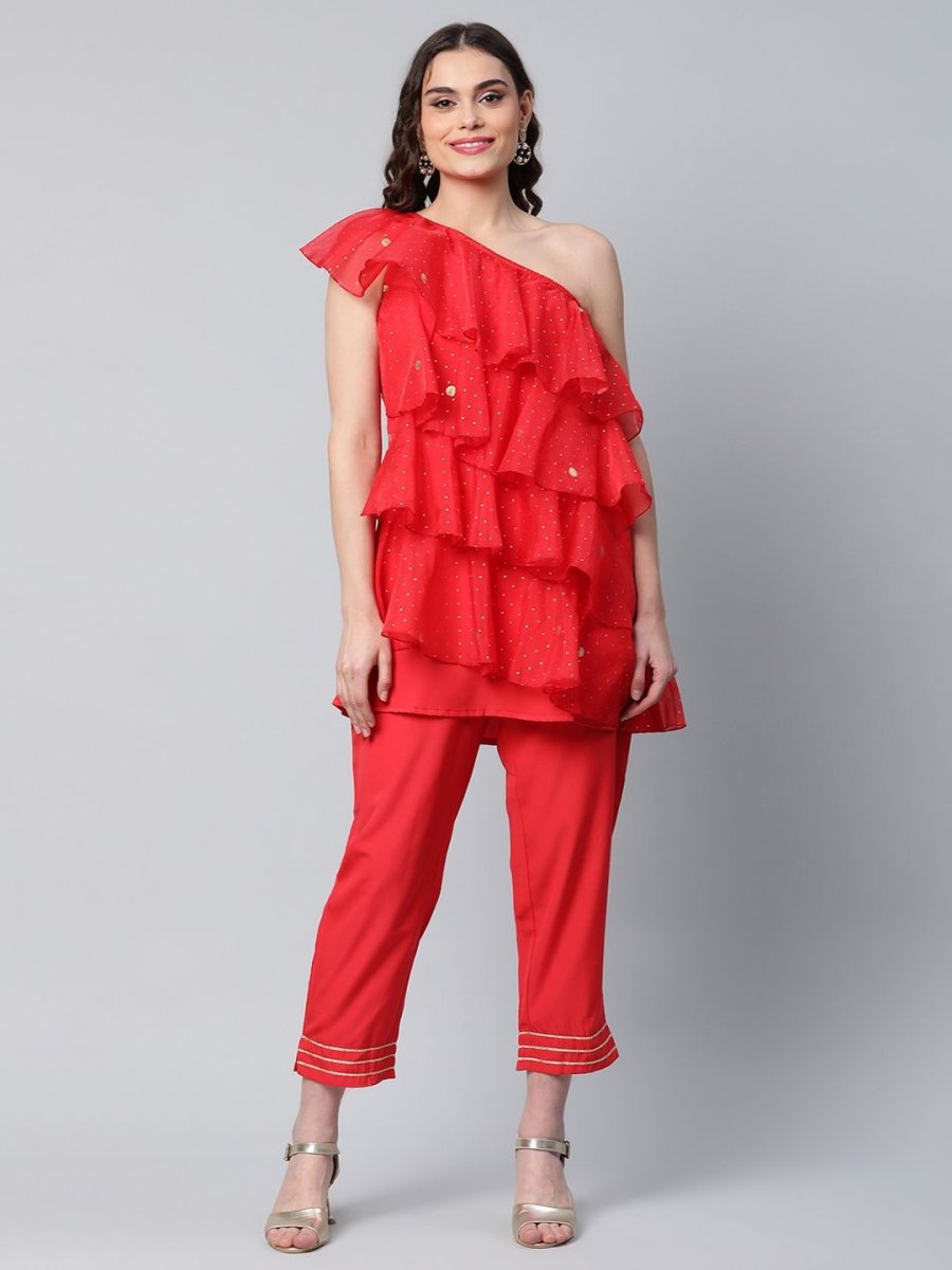Ahalyaa Red Printed Layered Top with Trousers - Distacart