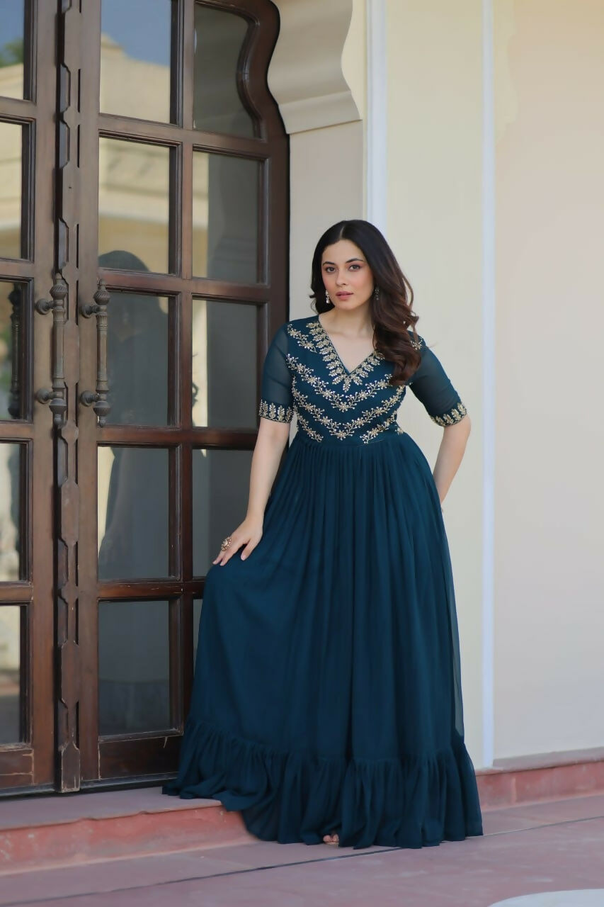 Teeya Creation Rama Color Faux Georgette Party Wear Hand Embroidery Work Long Gown - Distacart