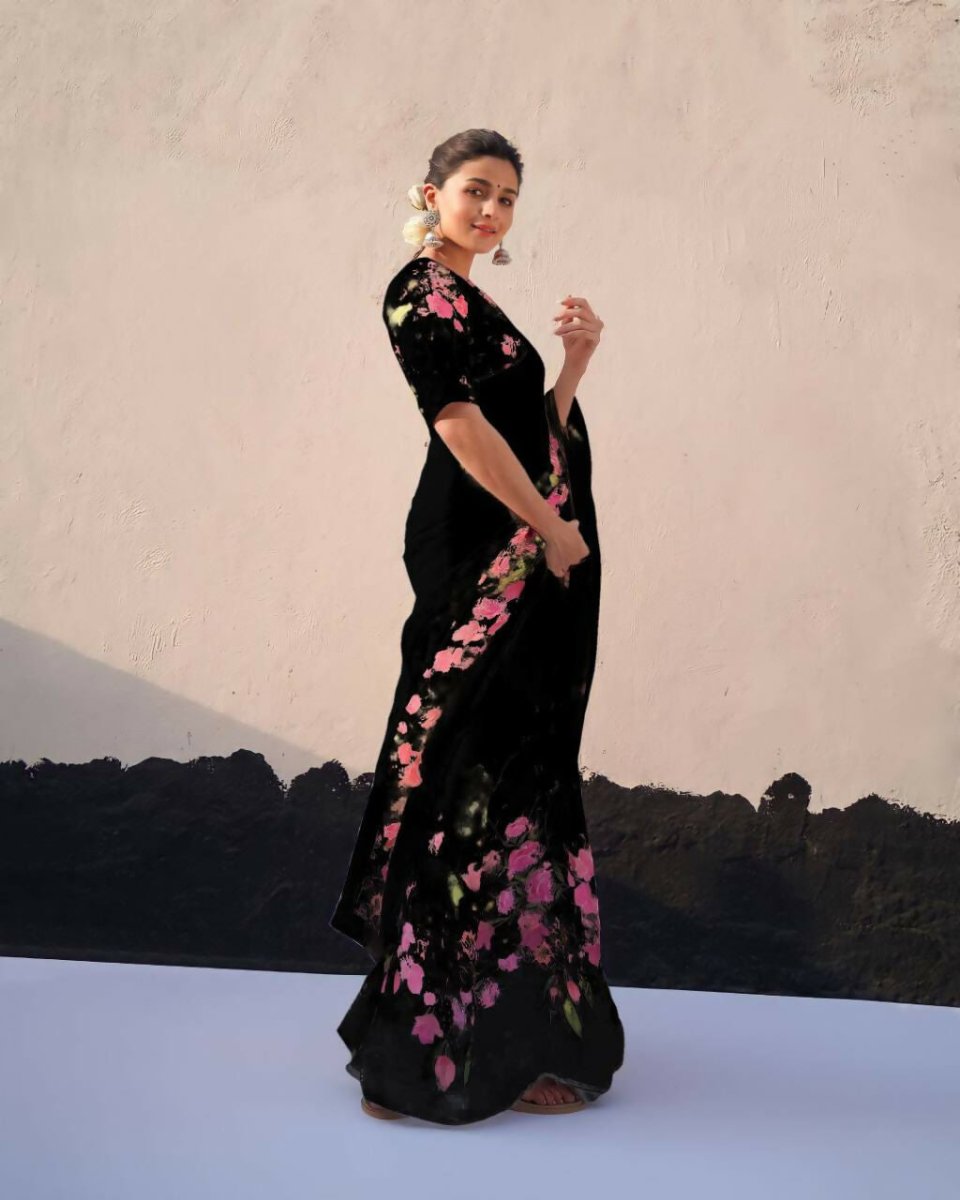 Arfa Fashion House Black Floral Pure Lilin Digital Printed Saree - Distacart