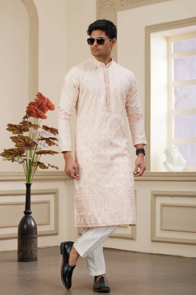 Raivat Ethnic Art Silk Thread Work Kurta Pajama In Light Pink Colour