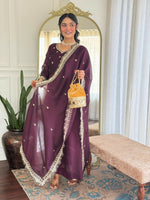 Thumbnail for The52 Wine Women's Gorgeous Vichitra Silk Fabric Embroidered Work Flared Anarkali Pant and Dupatta Set