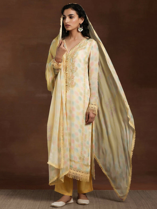 Cream Embroidered Organza Straight Suit Sets With Dupatta