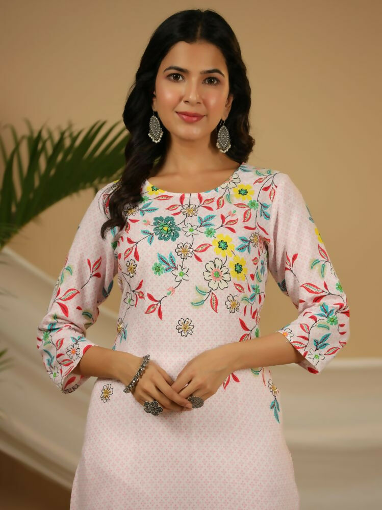 Juniper Pink Floral Printed Rayon Kurta With Sequins & Beads Work - Distacart