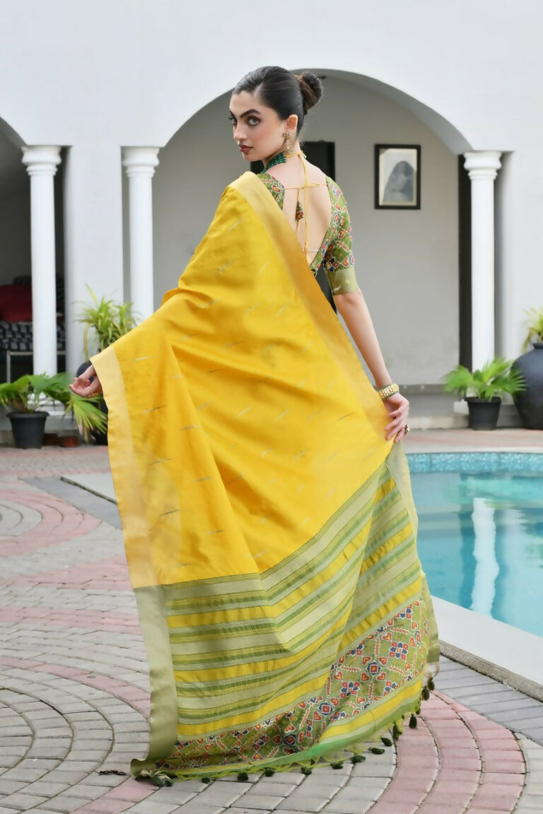 Vishnu Weaves Women's Yellow Raw Silk Patola Zari Woven Saree with Blouse