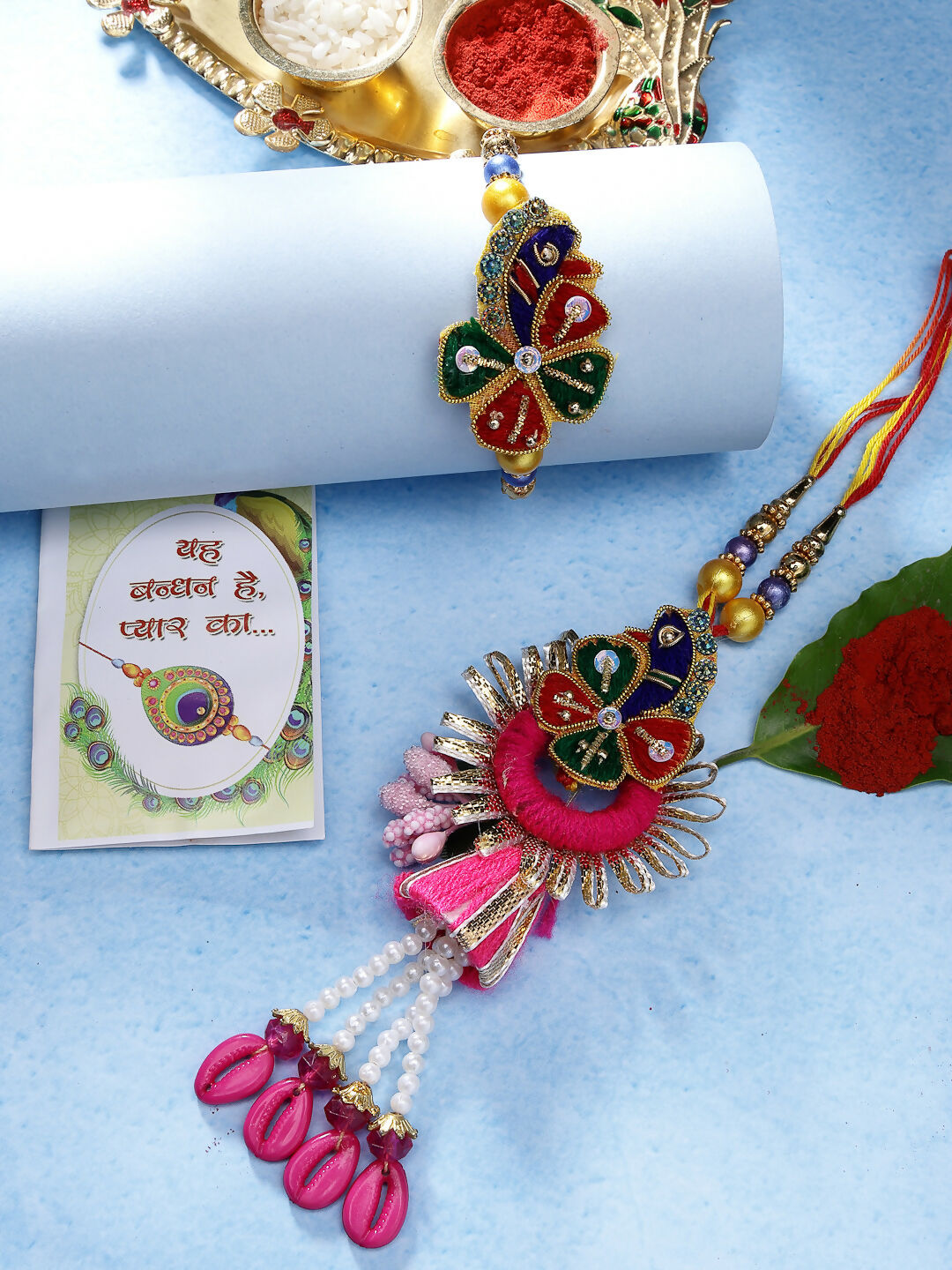 NVR Women & Men Set of 2 Multicolor Thread Work & Beaded Bhaiya Bhabhi Rakhi With Roli Chawal - Distacart