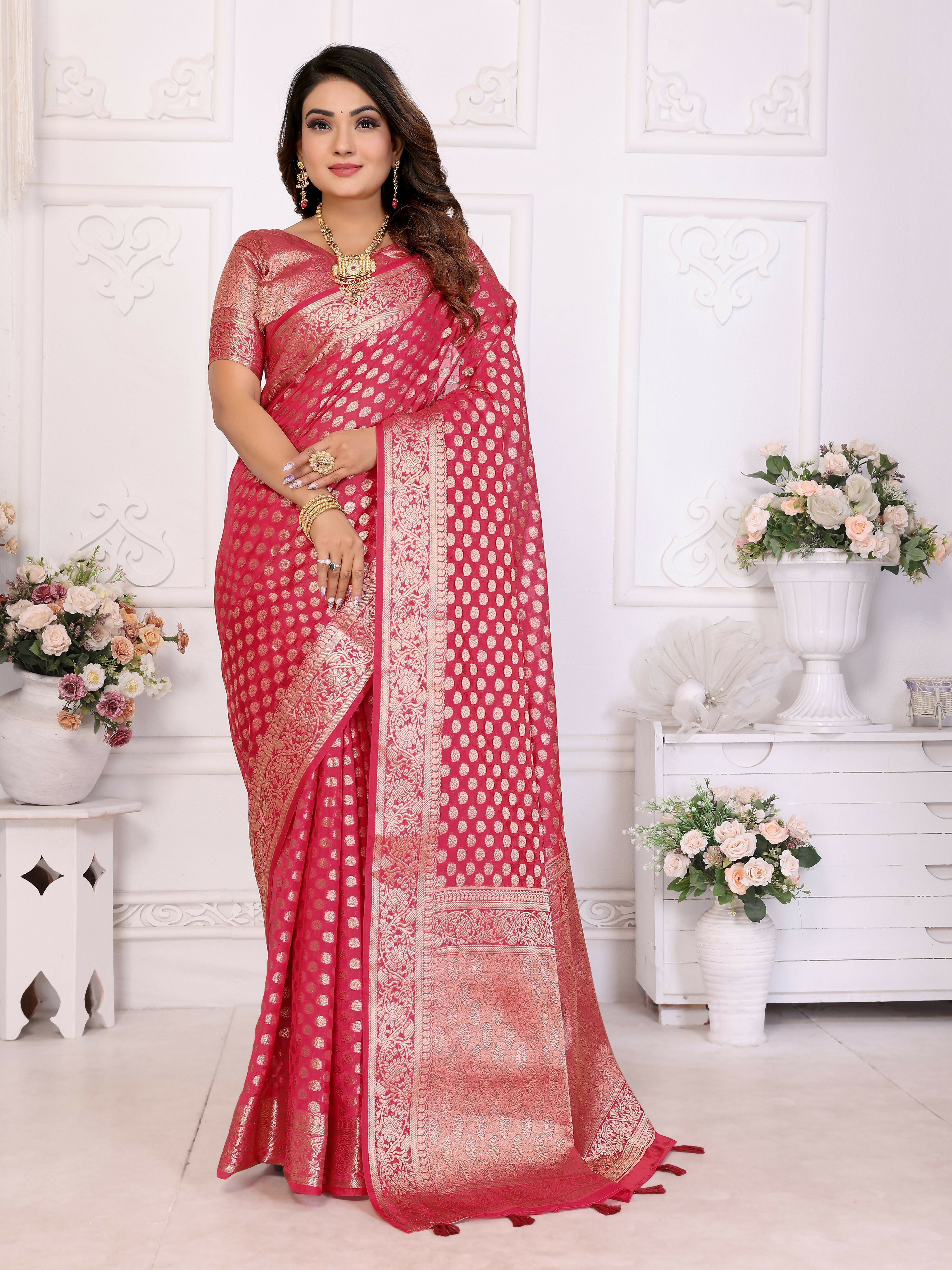 Aastha Fashion Magenta Organza Silk Weaving Saree - Distacart