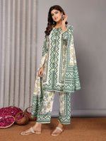 Thumbnail for Joban Fashion Women Off White & Forest Green Linen Printed Stitched Kurta Set - Distacart